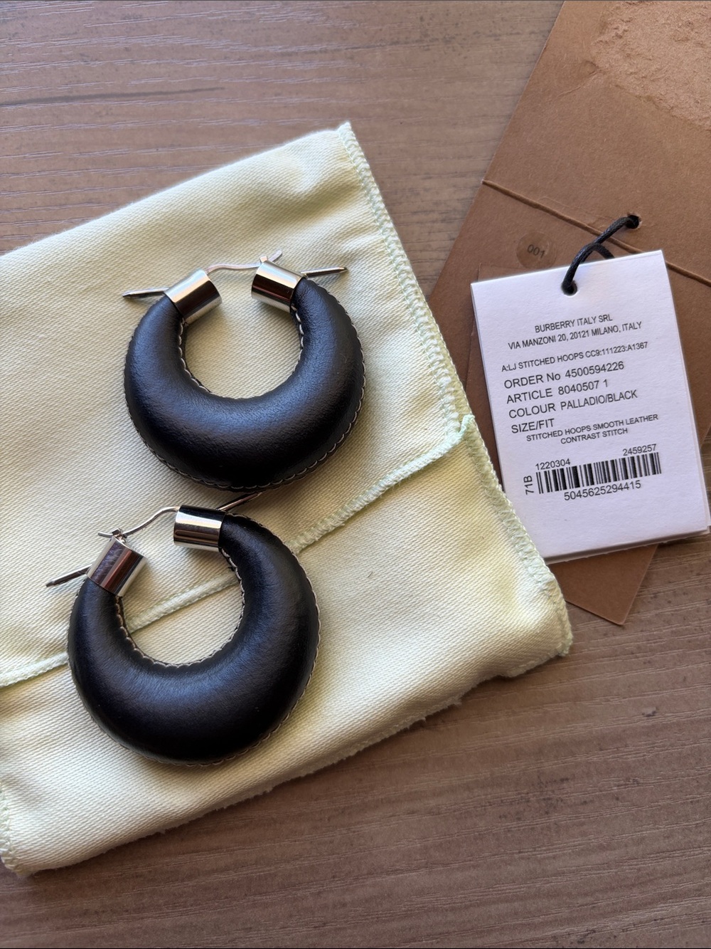 NWT Burberry Black Leather Hoop Earrings with Palladium Accents